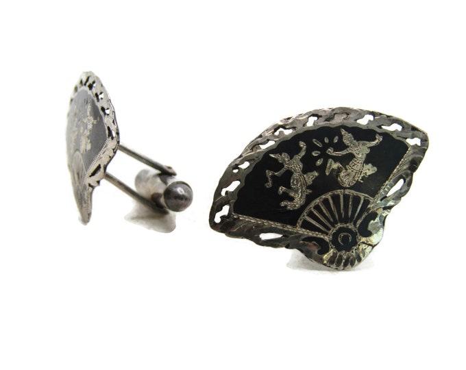 Eastern Art Inspired Fan Shaped Cuff Links Black and Silver Tone Men's Jewelry