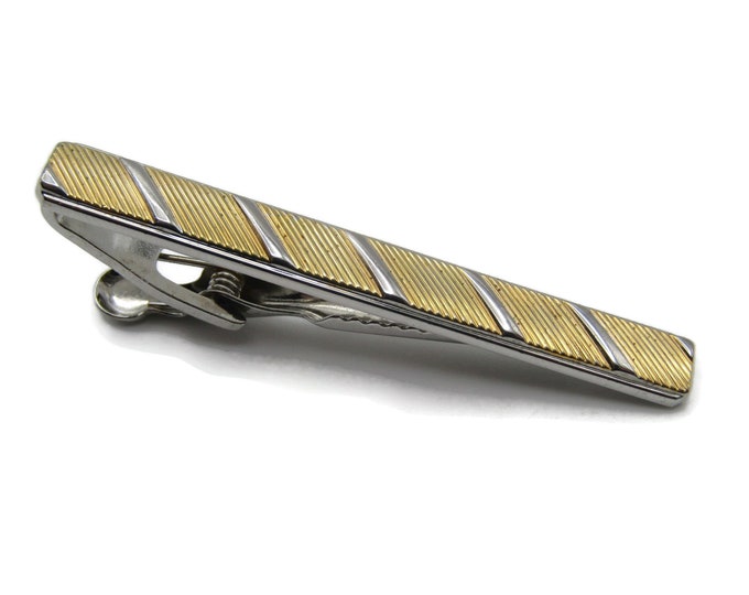 Silver & Gold Tone Diagonal Striped Pattern Classic Design Tie Clip Tie Bar Men's Jewelry