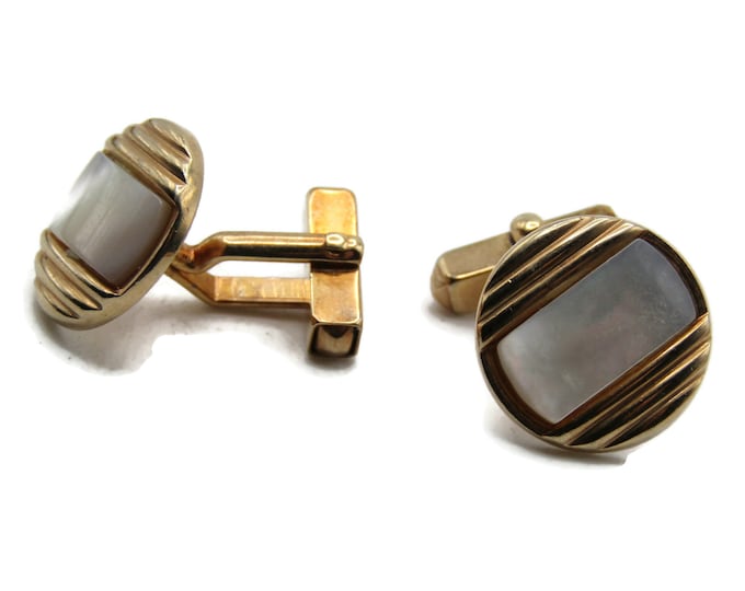 Mother Of Pearl Center Round Etched Line Cuff Links Men's Jewelry Gold Tone