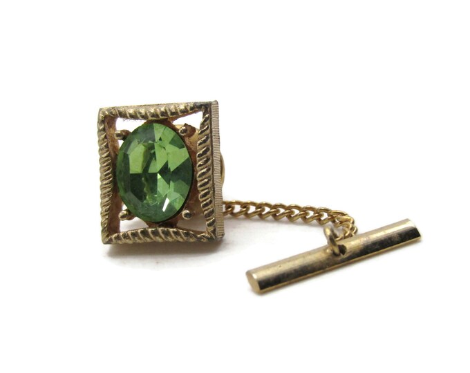 Green Rhinestone Inlay Rectangle Tie Pin And Chain Men's Jewelry Gold Tone