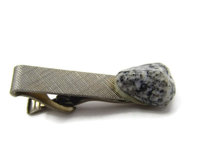 Black & White Stone Tie Clip Vintage Tie Bar: Textured Silver Tone