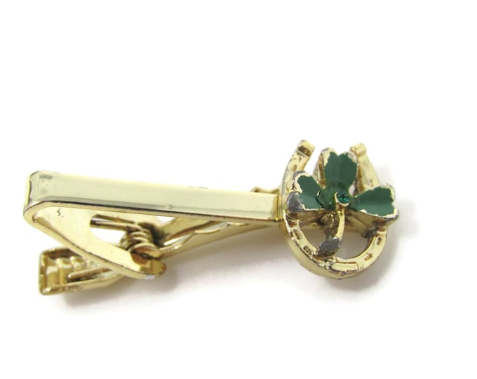 Shamrock Clover (Some Wear) Tie Bar Clip Gold Tone Vintage Men's Jewelry Nice Design