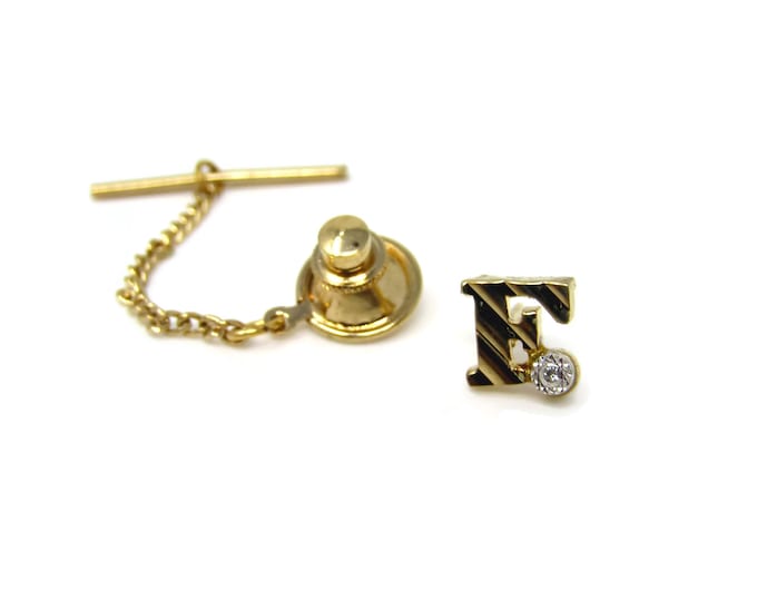 Vintage Tie Tack Tie Pin: Letter F Initial Clear Jewel Period Excellent Design