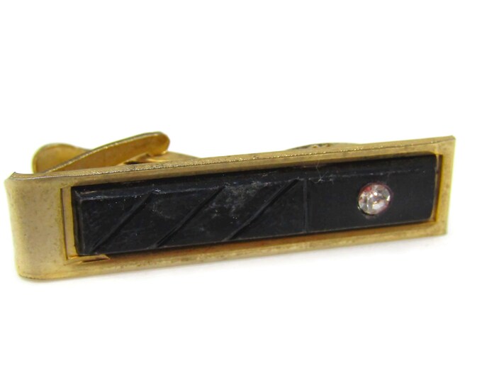 Cool Tie Clip Vintage Mens Tie Bar Black Center Clear Jewel Gift for Dad Son Husband Brother