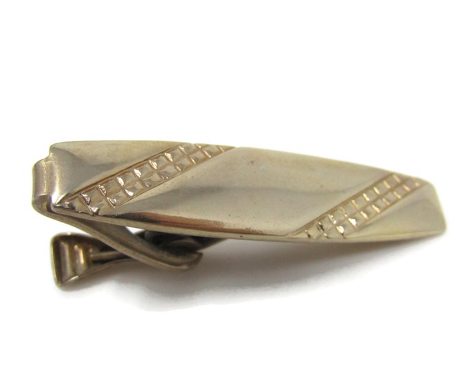 Waffle Texture Double Diagonal Lines Tie Clip Bar Gold Tone Vintage Men's Jewelry Nice Design