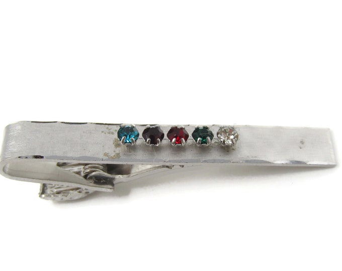 Multi Color Jewels Tie Clip Tie Bar: Vintage Silver Tone - Stand Out from the Crowd with Class