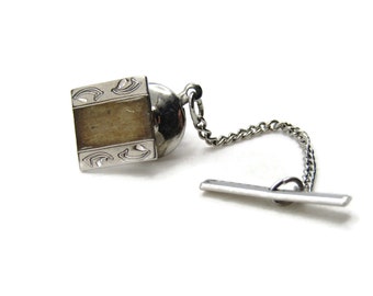 Square Tie Pin And Chain Etched Edging Gold Tone Center Men's Jewelry Silver Tone