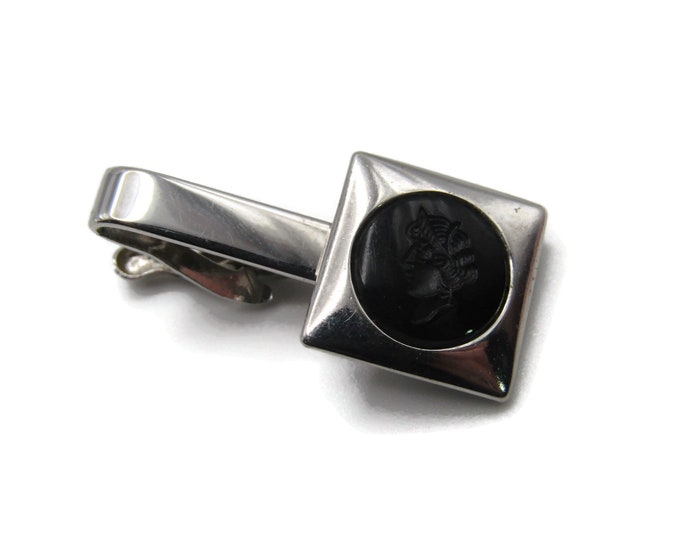 Greek Head Etched Black Stone Square Front Silver Tone Tie Clip Tie Bar Men's Jewelry