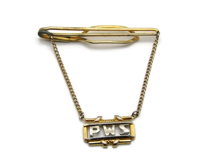 PWS Initial Monogram Silver Tone Lettering Gold Tone Tie Bar Tie Clip Men's Jewelry