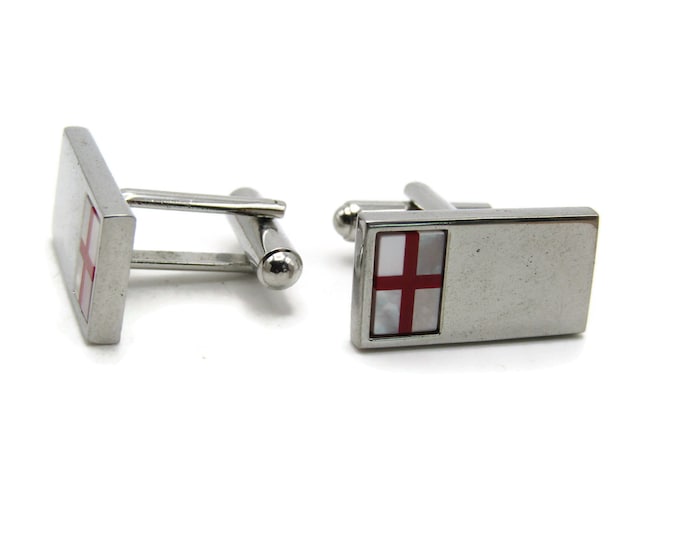 Red Cross And Mother Of Pearl Rectangle Cuff Links Men's Jewelry Silver Tone