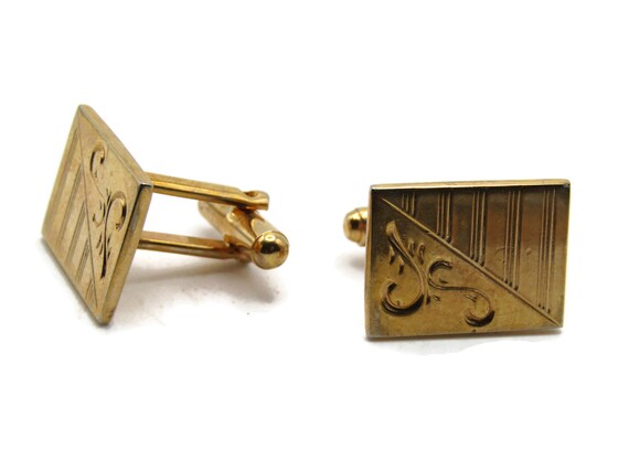 Rectangle Cuff Links Etched Motif And Line Design… - image 1