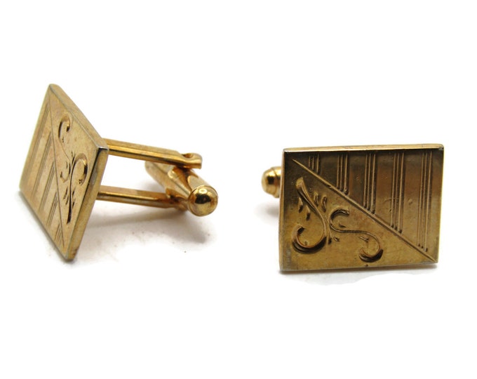 Rectangle Cuff Links Etched Motif And Line Design Men's Jewelry Gold Tone