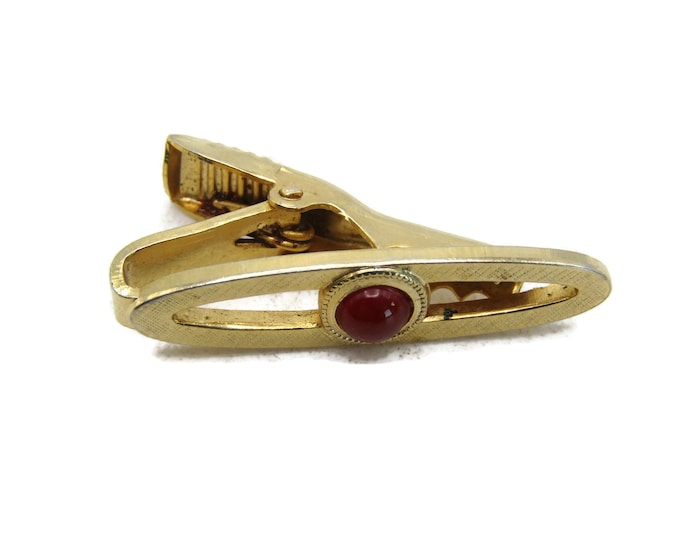 Oval Red Stone Inlay Tie Bar Open Design Tie Clip Gold Tone Men's Jewelry
