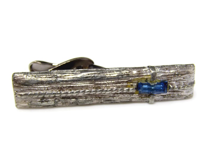 Vintage Tie Clip Tie Bar: Blue Jewel Wood Texture