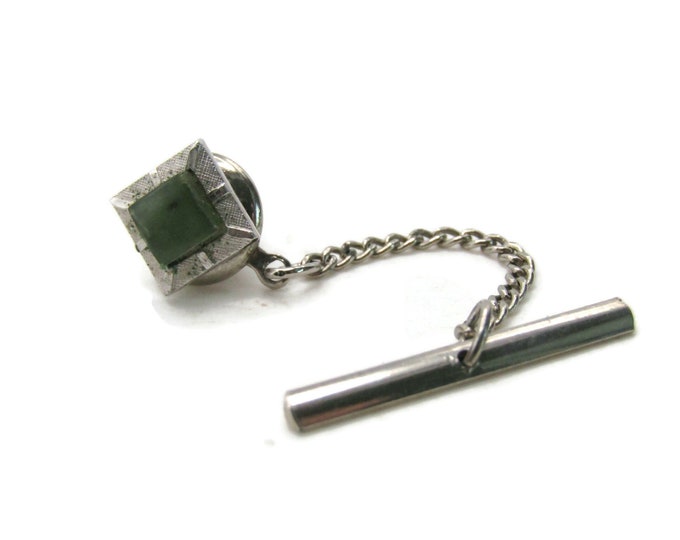Square Green Stone Inlay Tie Pin And Chain Men's Jewelry Silver Tone