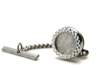 Round Textured And Etched Edge Tie Pin And Chain Men's Jewelry Silver Tone