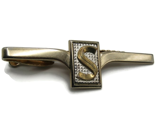 S Letter Monogram Gold Tone & Silver Tone Patterned Inlay Tie Bar Tie Clip Men's Jewelry