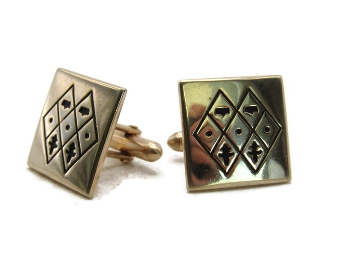 Etched Diamond Pattern Cuff Links Modernist Gold Tone Men's Jewelry