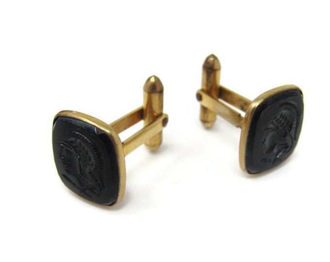 Black Warrior Etched Black Men's Cufflinks: Vintage Gold Tone - Stand Out from the Crowd with Class