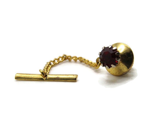 Round Red Stone Tie Pin And Chain Men's Jewelry Gold Tone