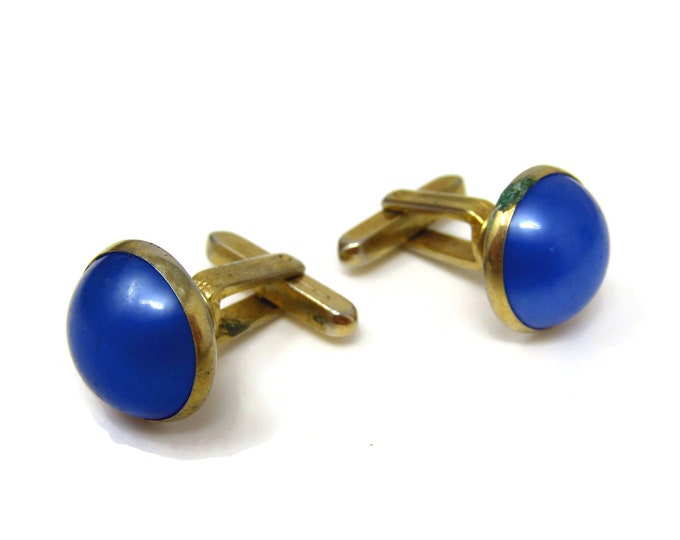 Blue Cufflinks for Men Vintage Dome Design Gold Tone