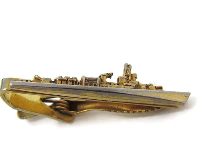 Battleship Tie Bar Clip Vintage Gold Tone Stand Out w/ Style Fit In with Class