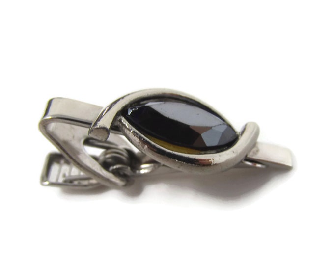Vintage Tie Bar Clip: Dark Faceted Jewel Center Swirl Setting Silver Tone