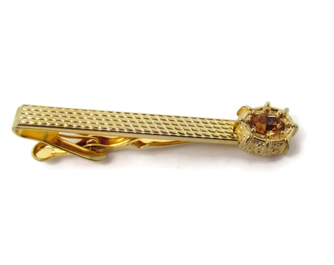 Vintage Tie Clip Tie Bar: Orange Brown Jewel Textured Gold Tone