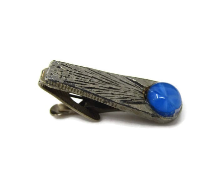 Vintage Tie Bar Tie Clip: Blue Beautiful Accent Wood Texture Silver Tone Design
