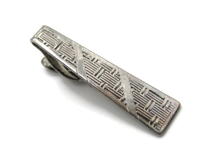 Line & Square Patterned Silver Tone Vintage Tie Bar Industrial Tie Clip Men's Jewelry