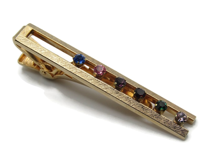 Multicolored Rhinestone Inlay Open Body Gold Tone Tie Clip Tie Bar Jewelry