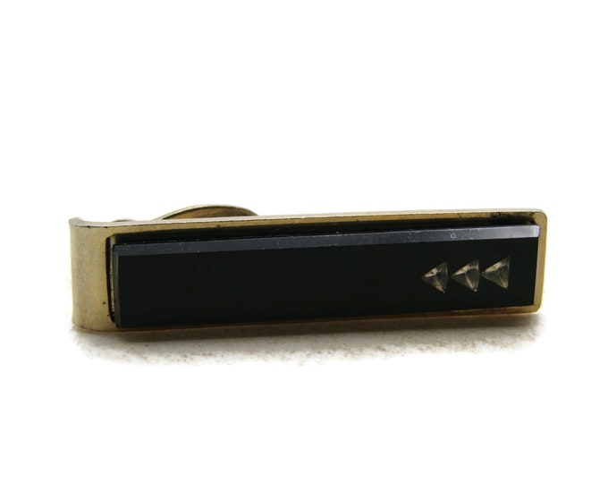 Black & Rhinestone Triangles Tie Clip Tie Bar Men's Jewelry Gold Tone