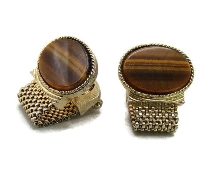 Oval Brown Stone Inlay Cuff Links Gold Tone Men's Jewelry