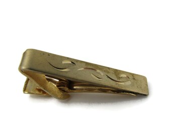 Etched Curls Tie Bar Clip Vintage Men's Jewelry Gold Tone (Some Wear)