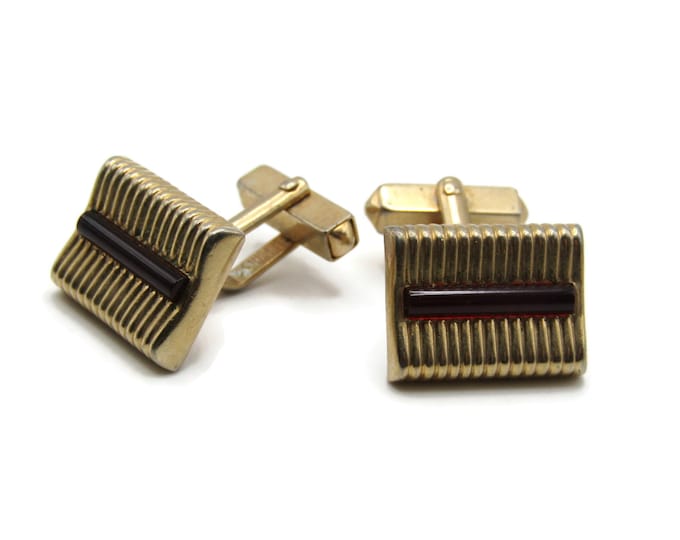 Vintage Cufflinks for Men: Verticle Stripe and Horizontal Deep Red Stone Inlay Gold Tone