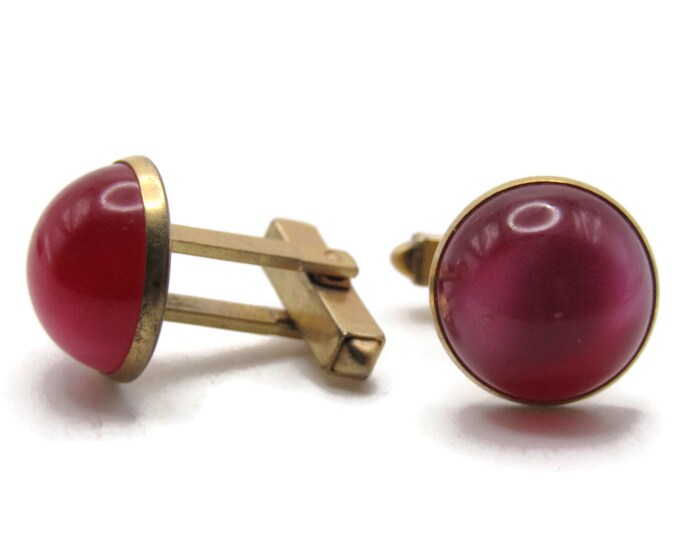 Round Pink Stone Inlay Cuff Links Men's Jewelry Gold Tone