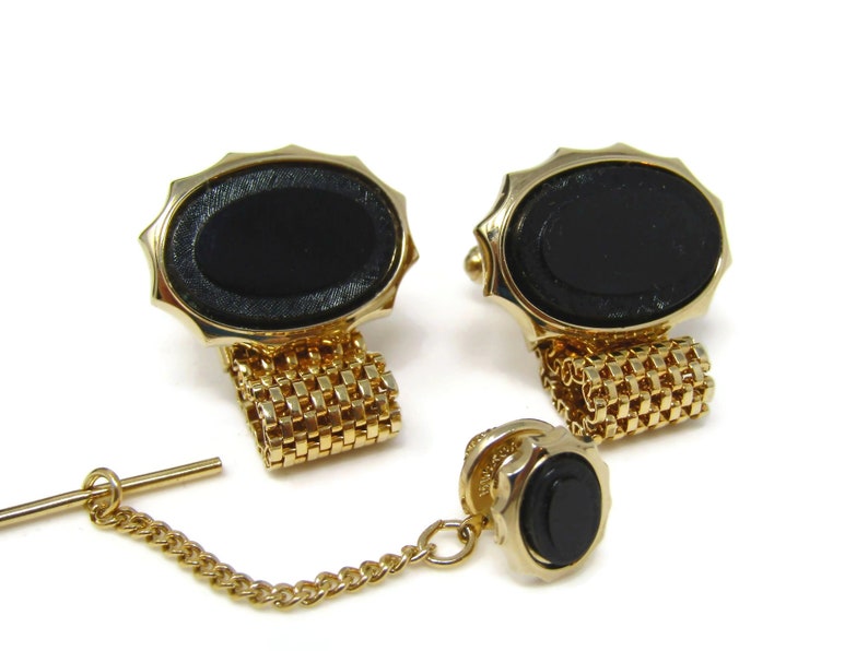 Men's Cufflinks and Tie Tack Pin Set Vintage Black Onyx Etsy