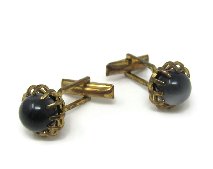 Dark Opalescent Ball Spheres Cufflinks Gold Tone Vintage Men's Jewelry Beautiful Design