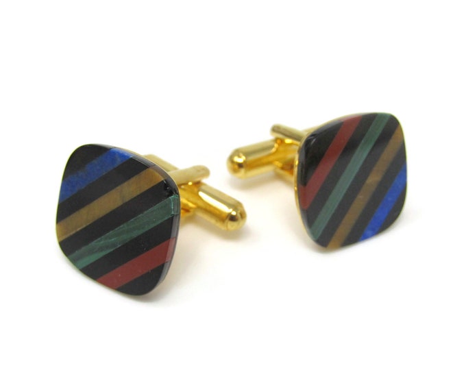 Colorful Glass Stripes Cufflinks Gold Tone Vintage Men's Jewelry Beautiful Design