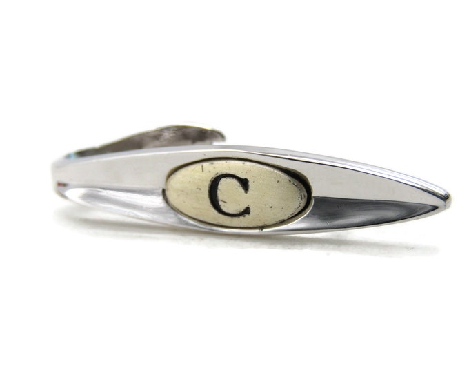 C Letter Center Oval And Tapered Tie Clip Tie Bar Men's Jewelry Silver Tone