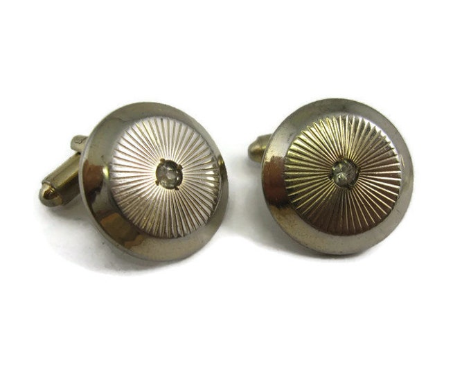 Clear Jewel Center Sun Ray Design Beveled Edge Vintage Men's Cufflinks Jewelry