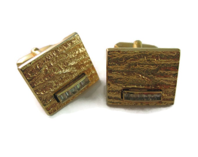 Vintage Cufflinks for Men: Beautiful Textured Gold Tone Clear Jewel Strip Bottom Design