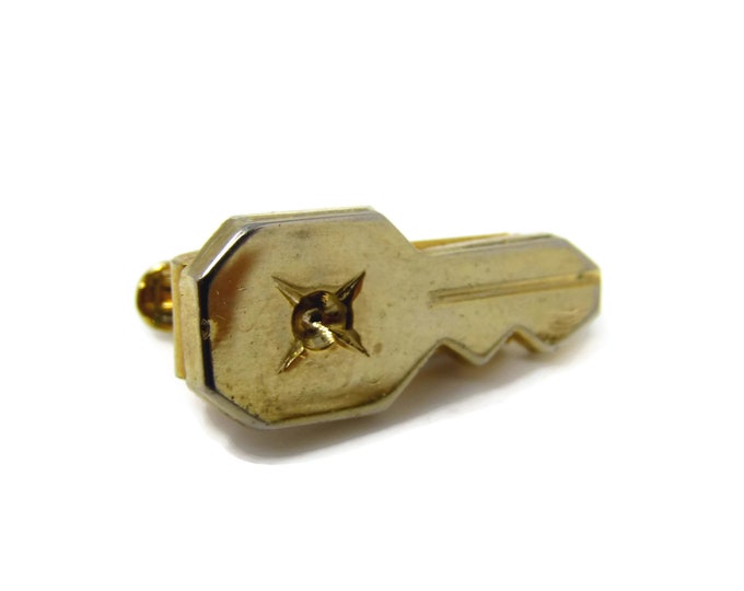 Vintage Tie Clip Tie Bar: Small Key Gold Tone Design