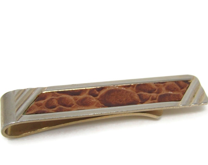 Leather Center Tie Clip Bar Gold Tone Vintage Men's Jewelry Nice Design