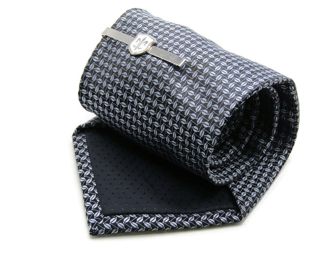 Blue And Black Diamond Patterned Tie With White Fleur Di Lis Tie Bar Tie Clip Silver Tone