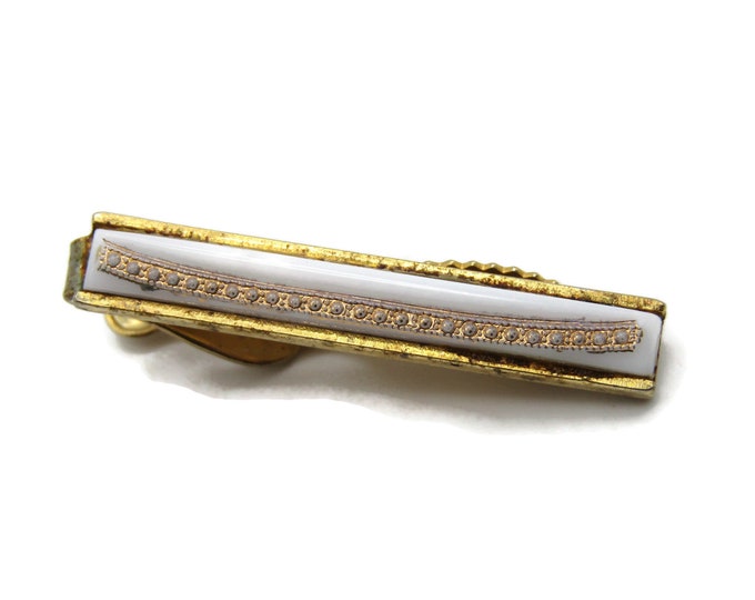 White and Textured Gold Detail Stone Inlay Gold Tone Tie Bar Tie Clip Men's Jewelry