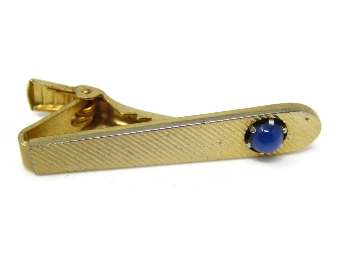 Vintage Tie Clip Bar for Men: Blue Accent Gold Tone Diagonal - Etsy