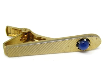 Vintage Tie Clip Bar for Men: Blue Accent Gold Tone Diagonal Groove Stripes Design