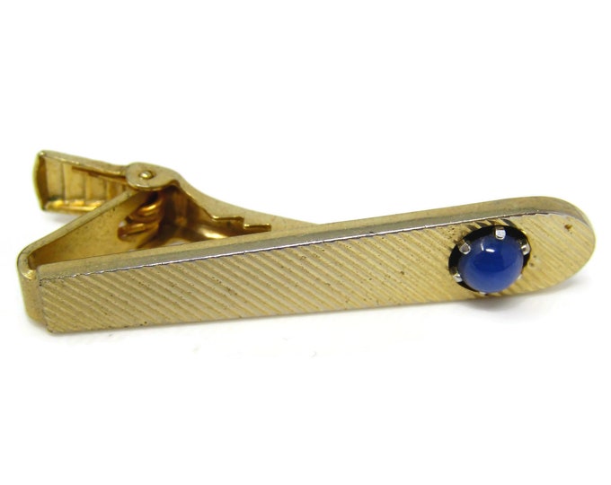 Vintage Tie Clip Bar for Men: Blue Accent Gold Tone Diagonal Groove Stripes Design