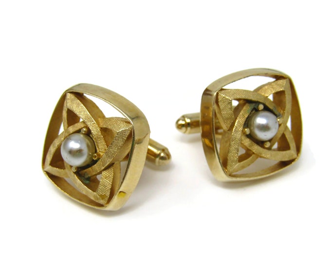 Stylized Flower Cuff Links Cufflinks for Men Vintage Gold Tone Ball Center